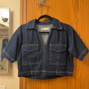 Zara Navy Blue Cropped Denim Shirt
